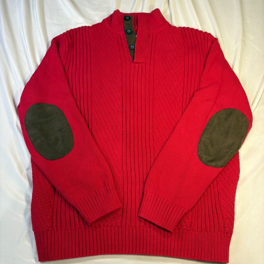 Chaps Mens Red‎ Mock Neck 1/4 Button Sweater Elbow Patches Size XL